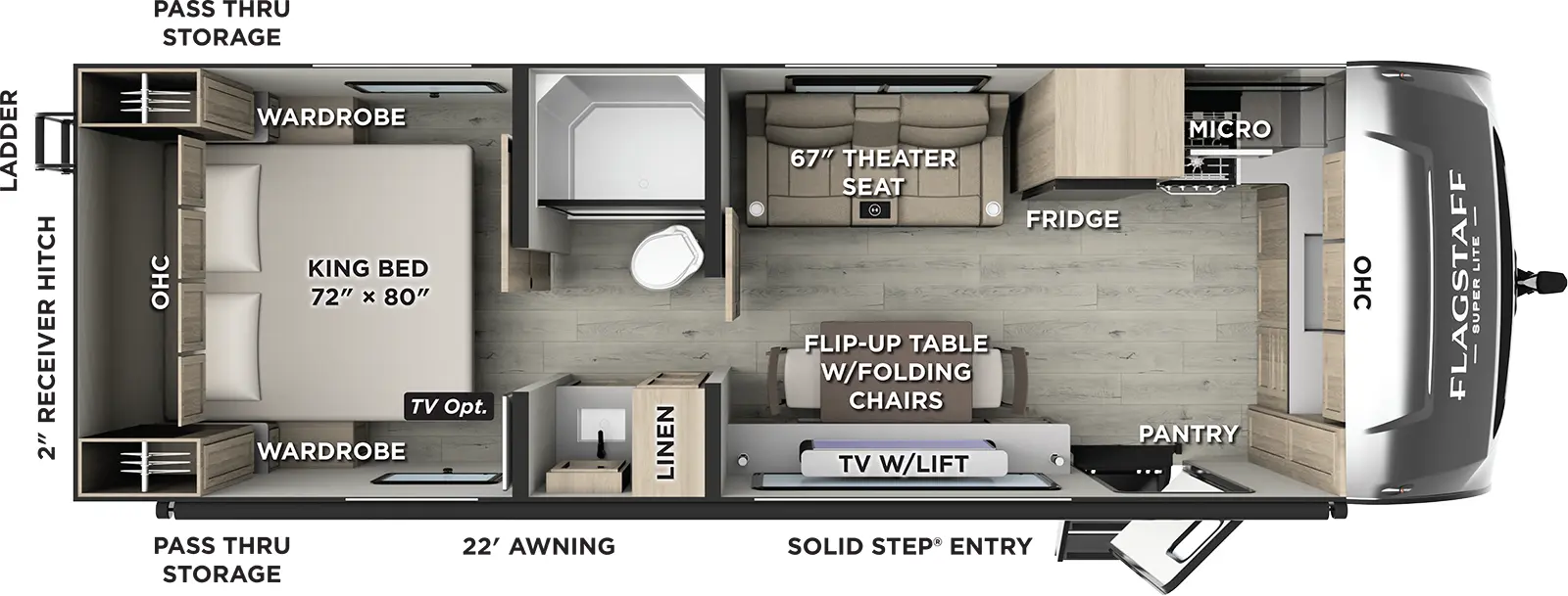 The Flagstaff Super Lite Travel Trailers 30FKT floorplan has one entry and zero slide outs. Exterior features include: fiberglass exterior and 20' awning. Interiors features include: front kitchen, rear bedroom and pass through bathroom.